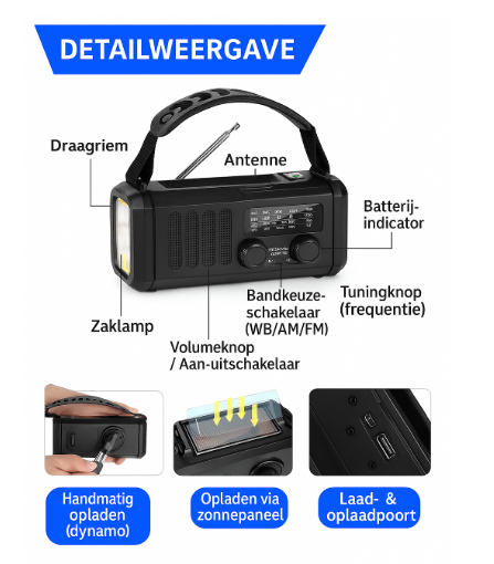 Premium Draagbare Noodradio met Zaklamp en Powerbankfunctie